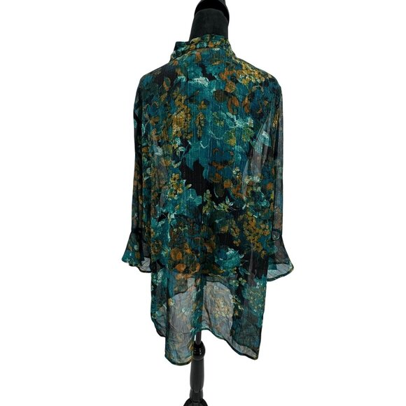 Catherines Teal  Floral Sheer Blouse Front Tie‎ Neck Flared Sleeves Chiffon 1X - Picture 6 of 7